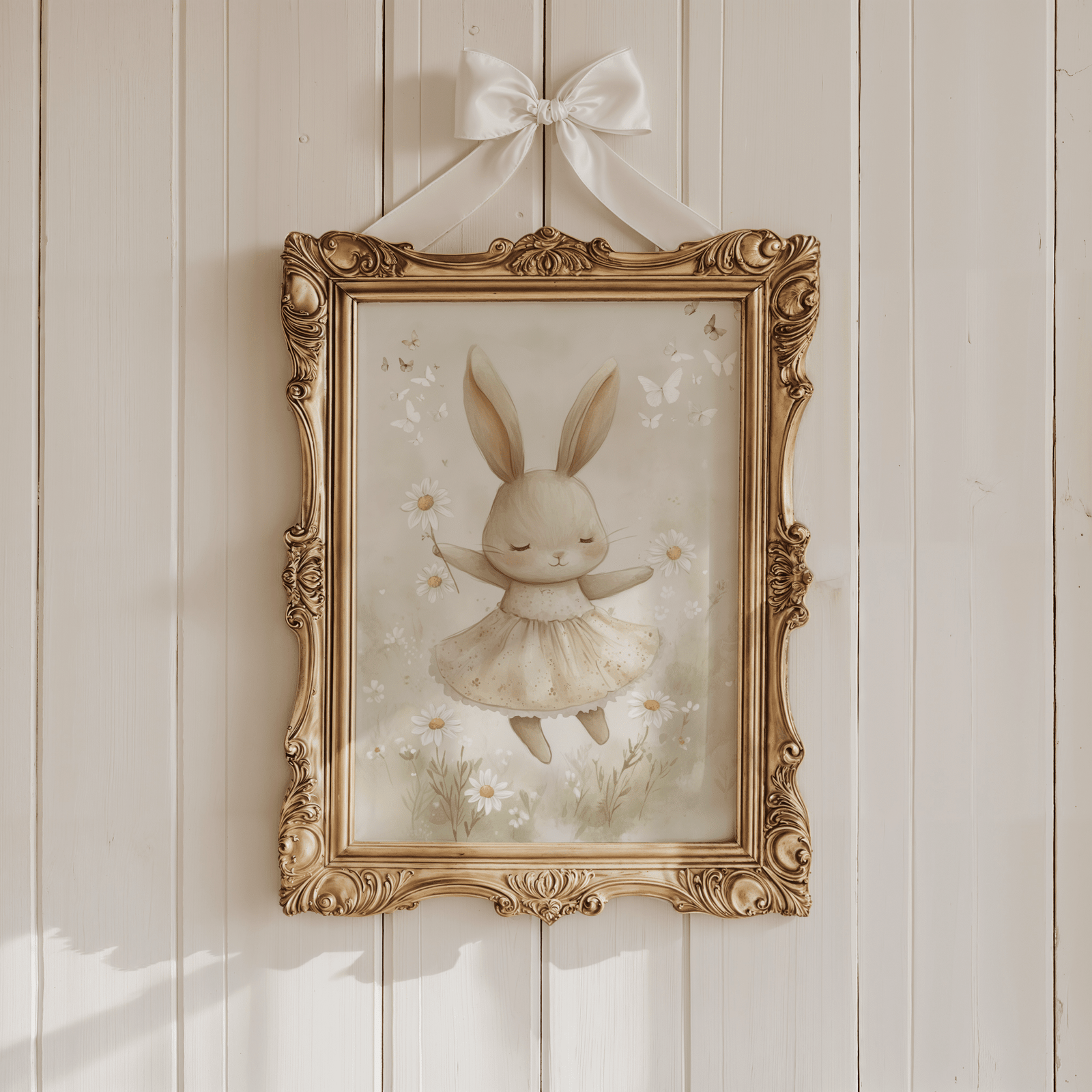 Ballerina bunny nursery print in an ornate gold frame hung with a white ribbon bow on a cream panelled wall