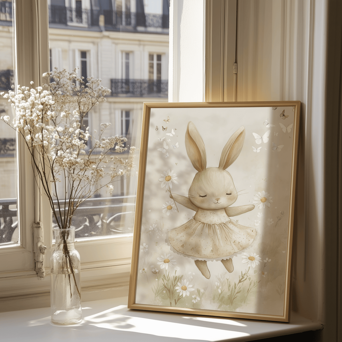 Ballerina bunny print in a gold wood frame on a windowsill beside baby's breath and a city balcony view