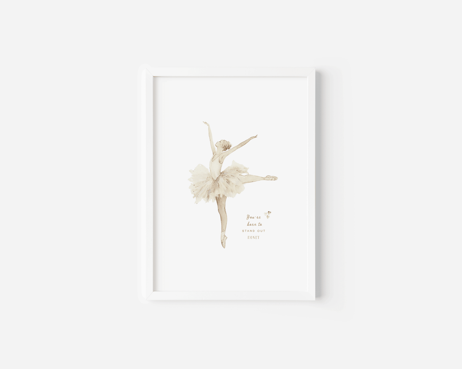 Clean product shot of a vintage ballerina canvas print in a white frame with an inspirational quote for a little girl's bedroom or nursery.