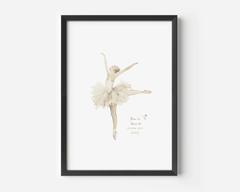 Clean product shot of a vintage ballerina canvas print in a black frame with an inspirational quote for a little girl's bedroom or nursery.