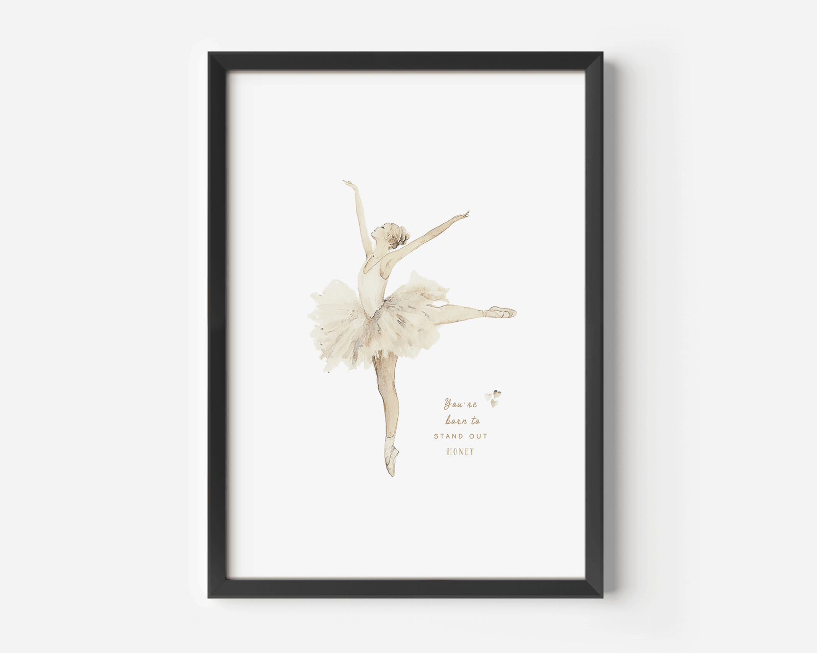 Clean product shot of a vintage ballerina canvas print in a black frame with an inspirational quote for a little girl's bedroom or nursery.