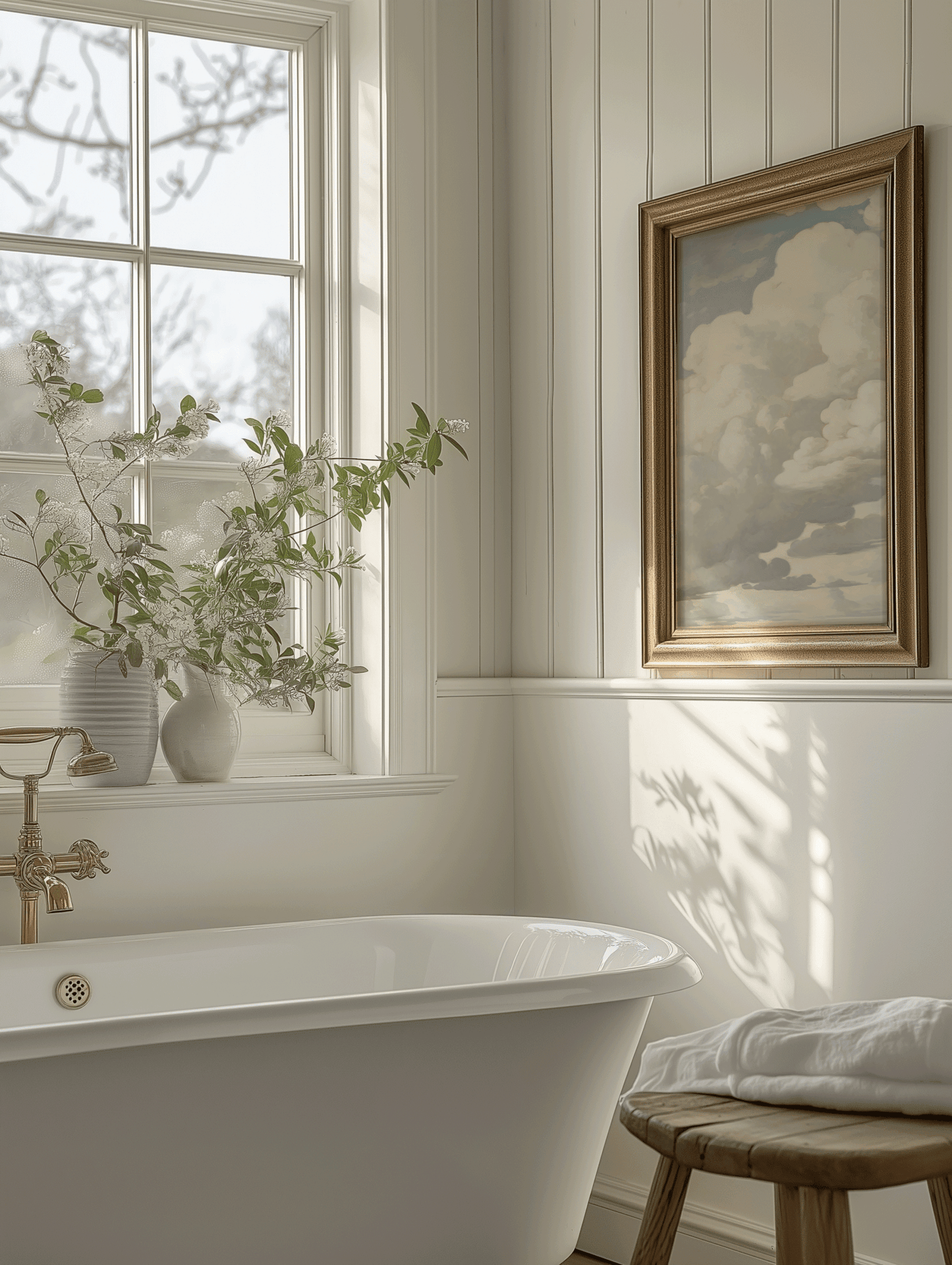 Bathroom with bathtub, window and plant, and framed cloudscape and blue skies wall art above tub.