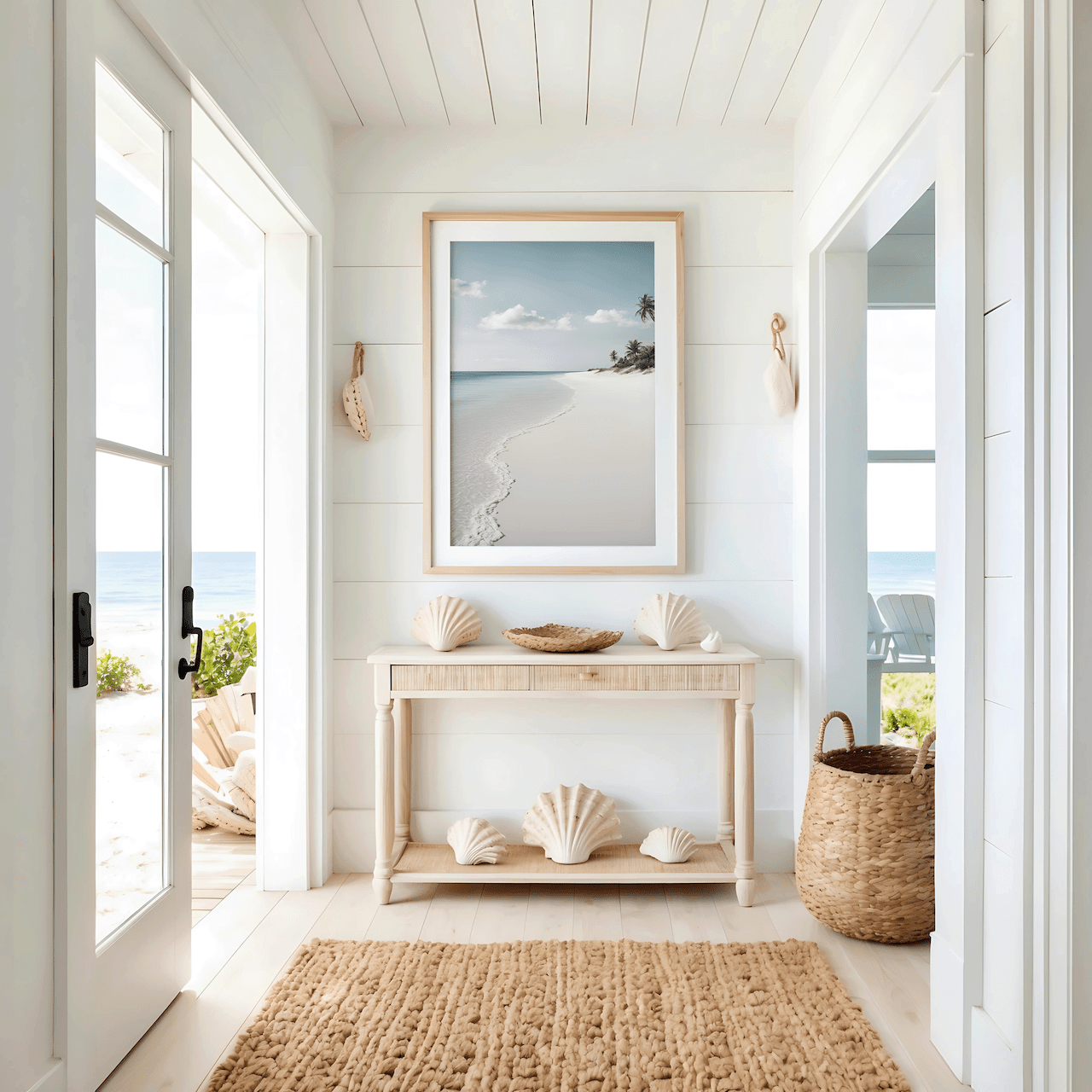 bright coastal entryway with white sand and sky shoreline art, seashell accents and beach house interior style