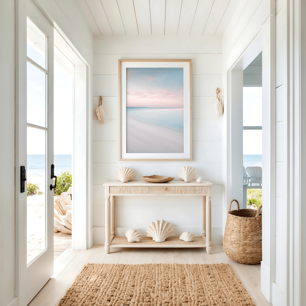 Framed beach wall art with pastel sunset displayed in a coastal entryway