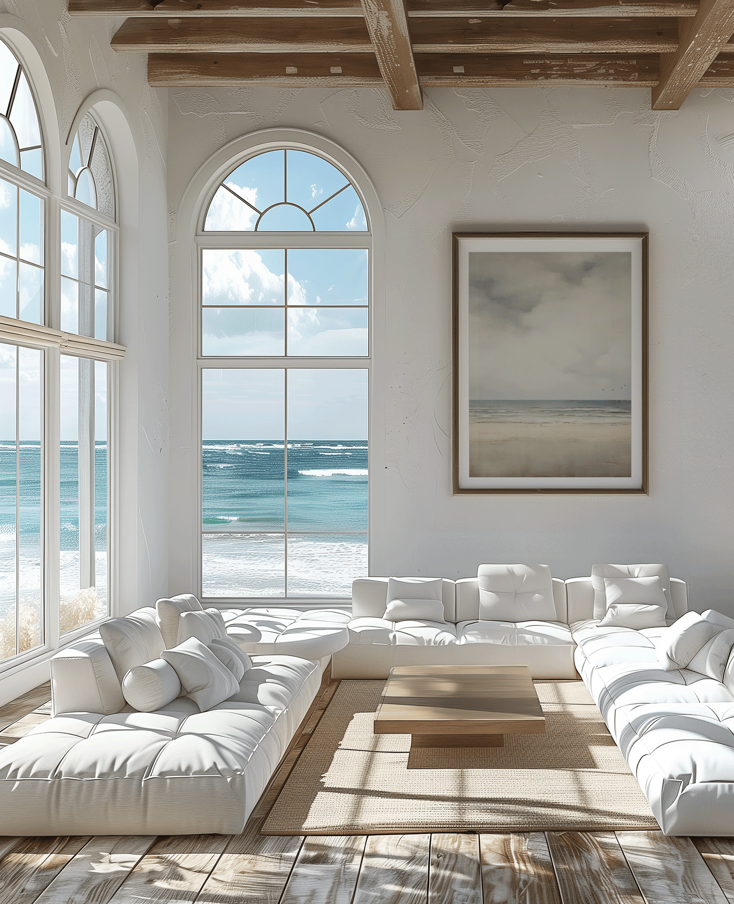 Modern living room with large windows overlooking the ocean, featuring a white sectional sofa and a vintage beach coastal framed wall art print.