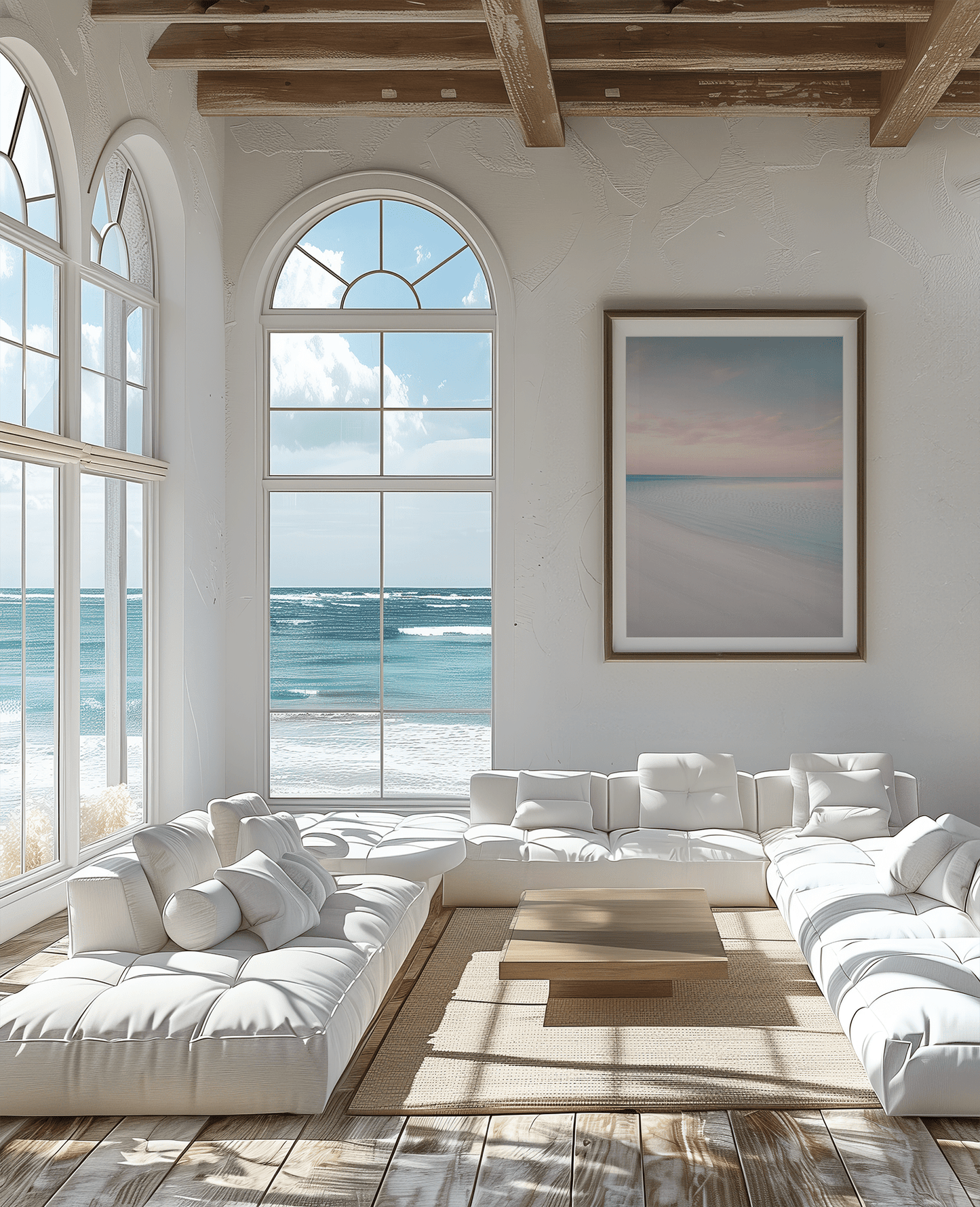 Beach wall art hanging in a coastal living room with ocean-view windows