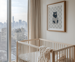 vintage preppy bear animal wall art with sunglasses on and a checkered neutral background framed with a wooden frame above crib in neutral, minimal baby nursery with natural wood and warm beige tones