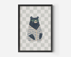 Black-framed artwork of a funky bear wearing sunglasses and a striped shirt on a checkered neutral background
