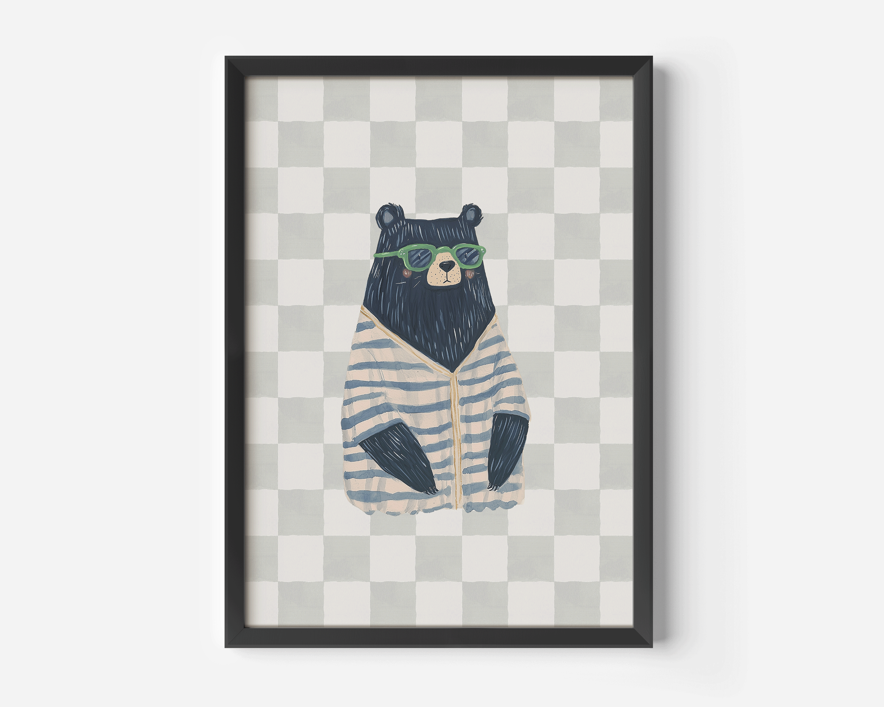 Black-framed artwork of a funky bear wearing sunglasses and a striped shirt on a checkered neutral background