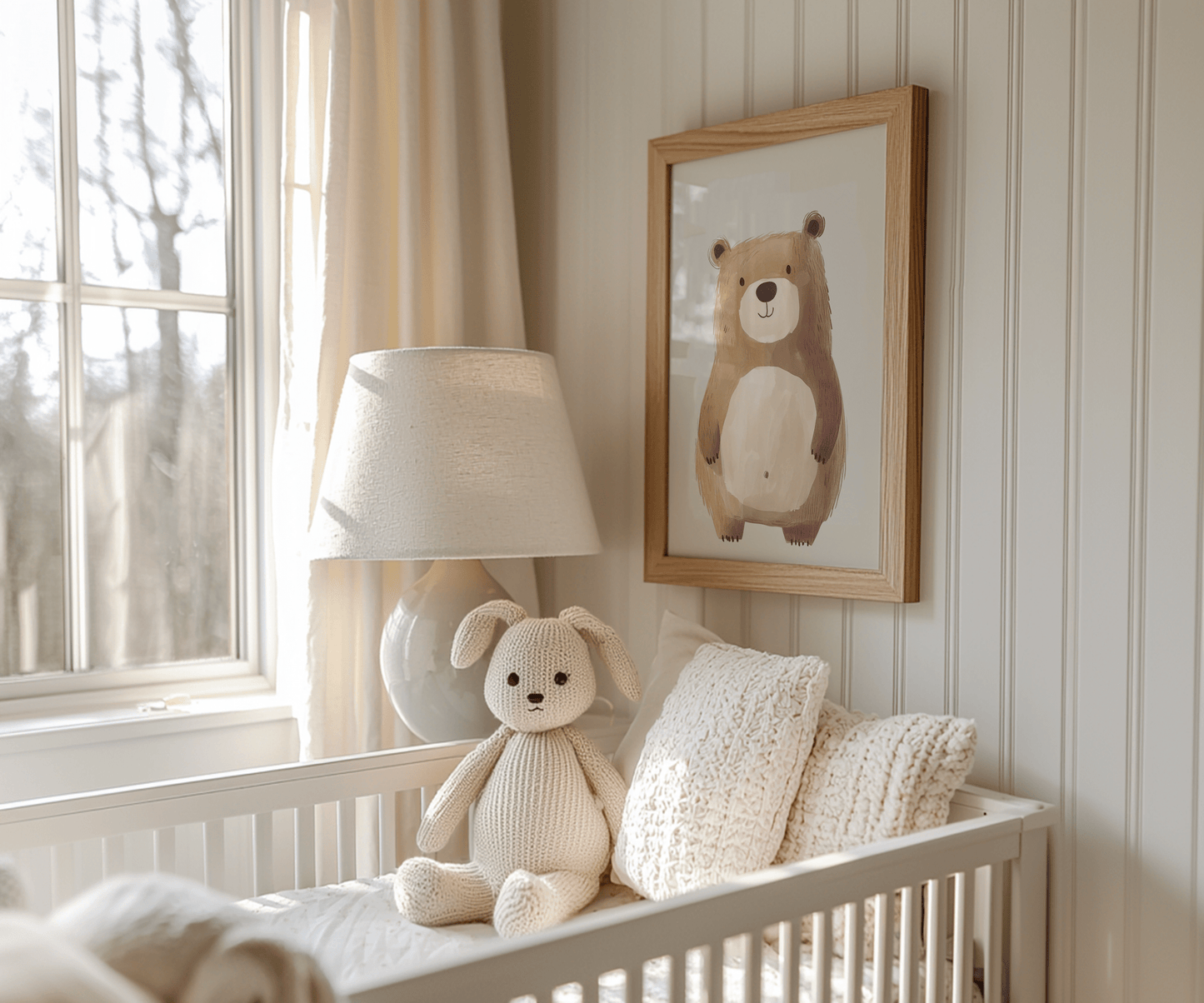 Bear nursery wall art canvas print styled in kids bedroom with stuffed toys and soft neutral decor