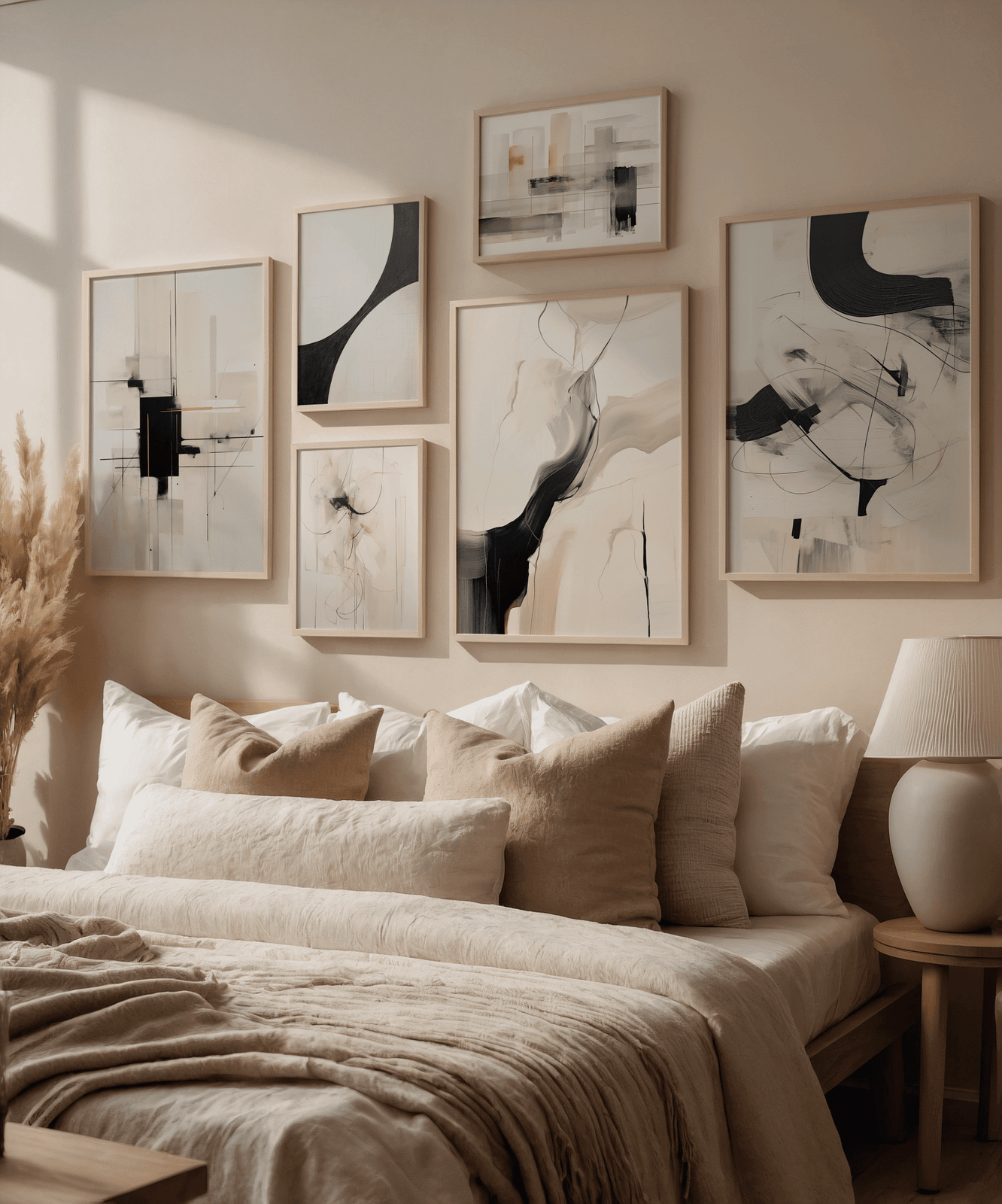 Warm bedroom gallery wall with six minimalist black and beige abstract prints in natural wood frames above layered neutral bedding.