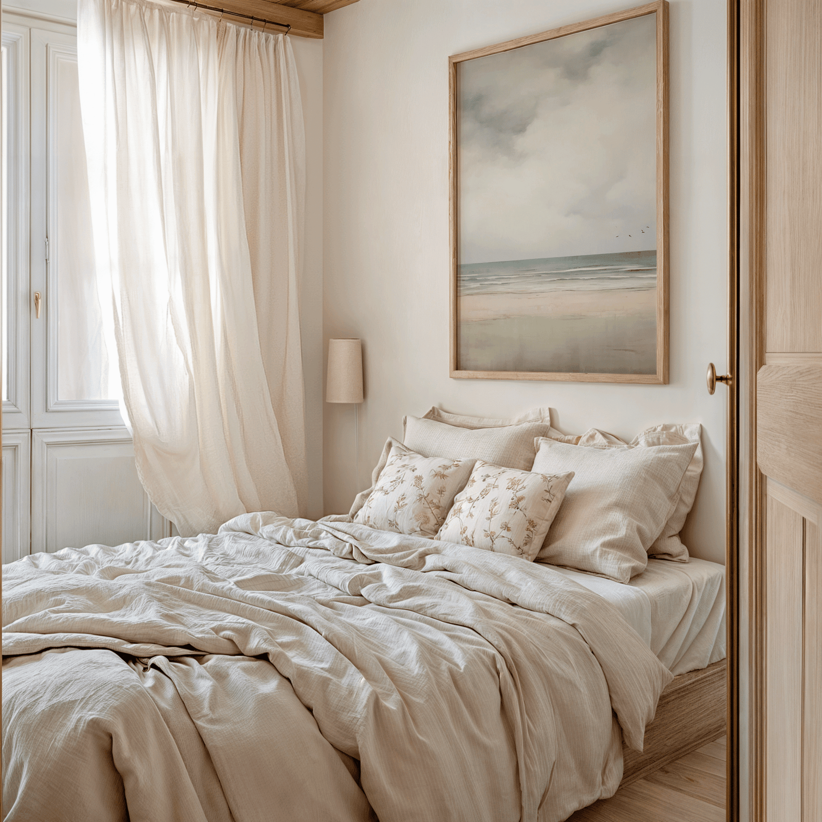 Vintage bedroom with beige bedding and abstract beach coastal framed wall art above bed.