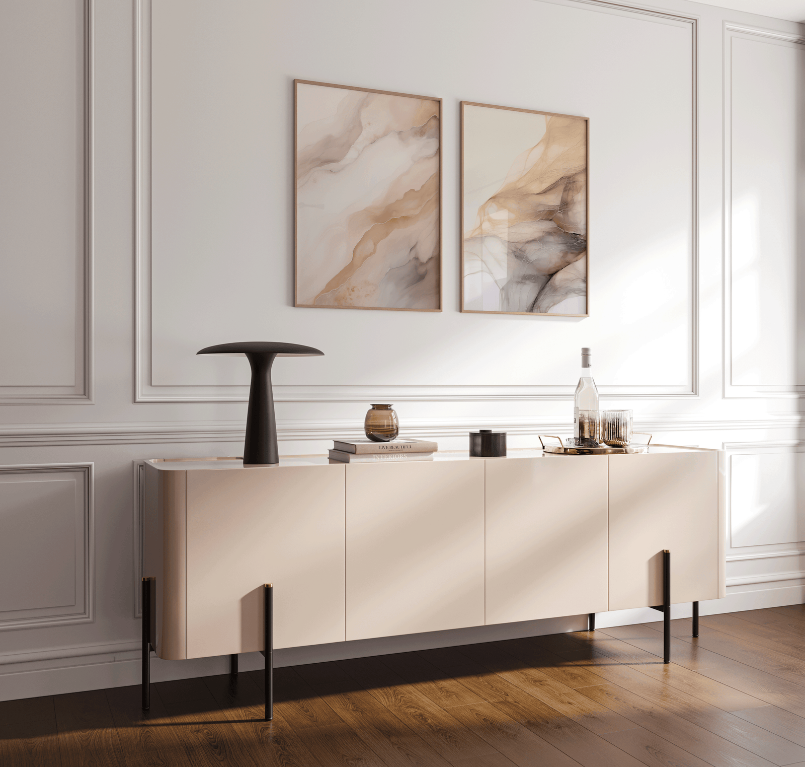 Set of two beige abstract wall art prints styled above modern console table in a modern dining room