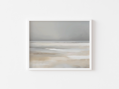 White-framed abstract beach landscape wall art with grey and beige tones on a white background
