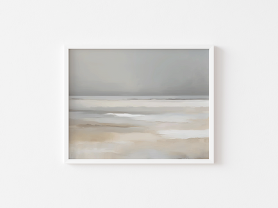 White-framed abstract beach landscape wall art with grey and beige tones on a white background