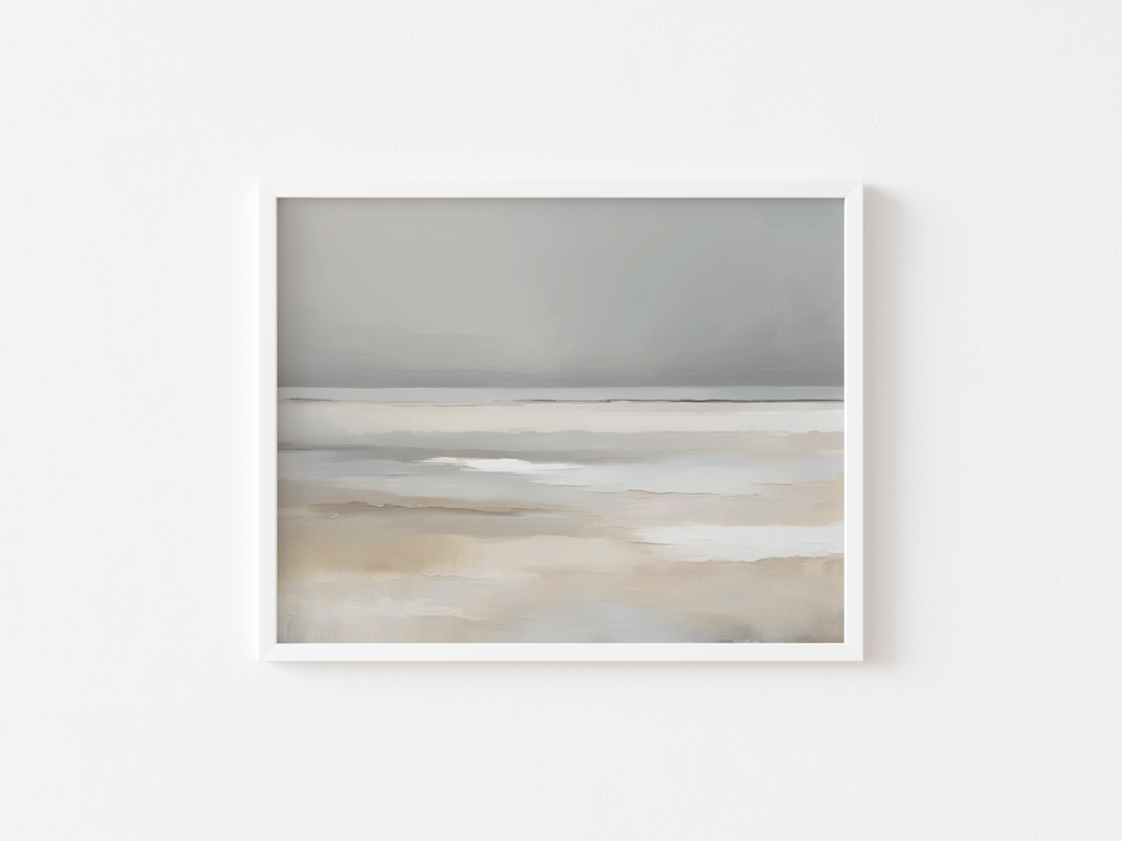 White-framed abstract beach landscape wall art with grey and beige tones on a white background