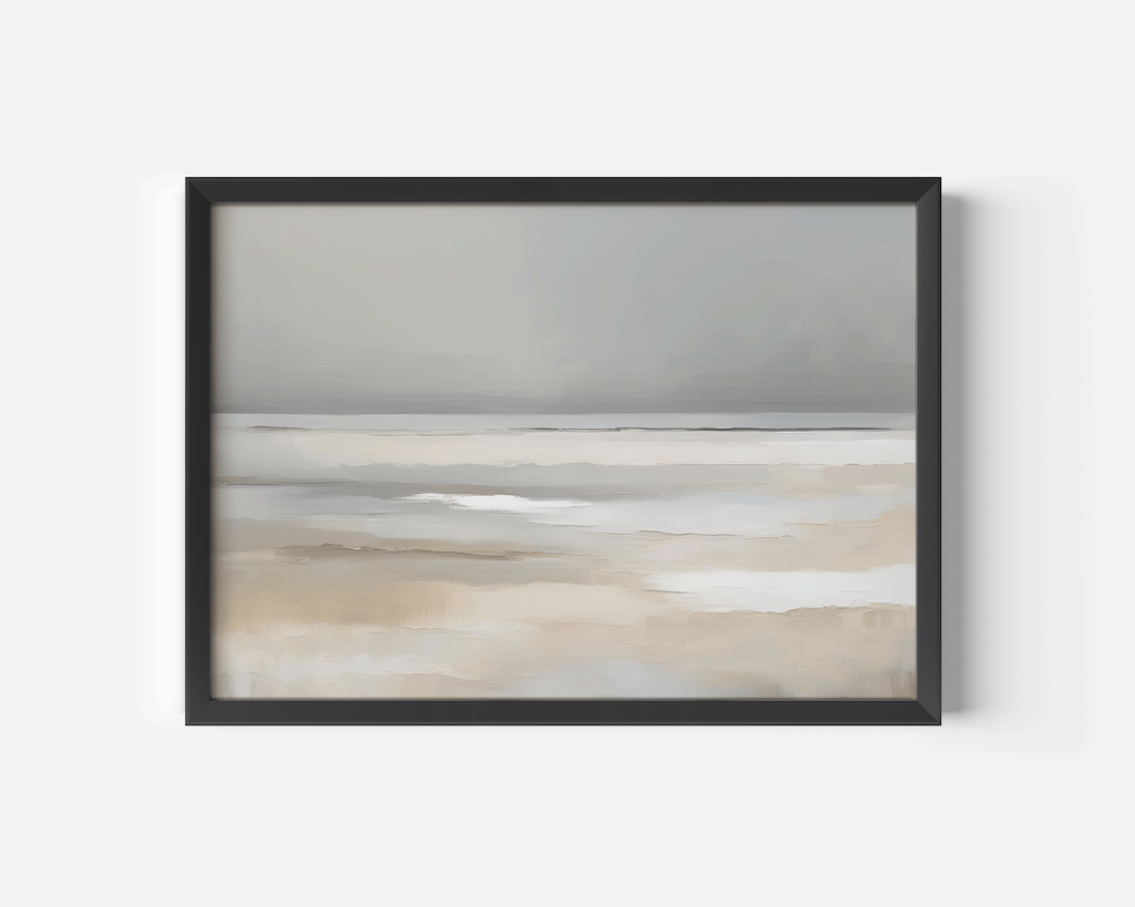 Back-framed vintage beach canvas wall art piece with horizontal brushstrokes and beige and blue muted tones.