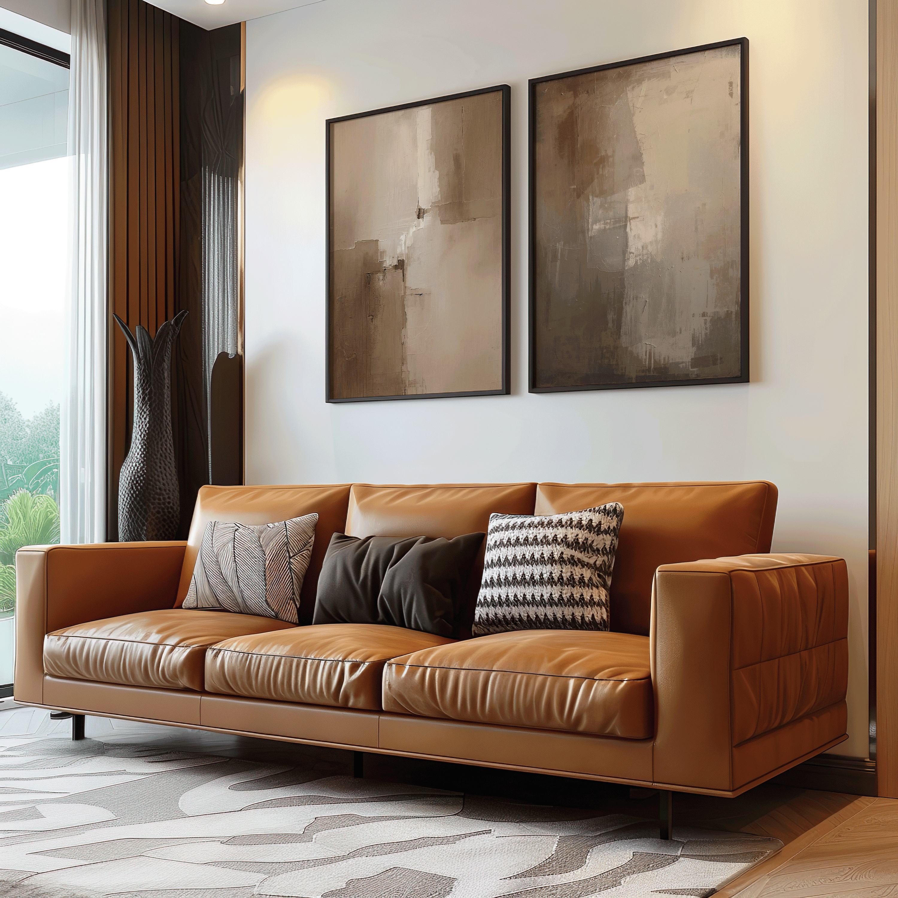 Warm neutral abstract wall art set in modern black frames displayed above a caramel leather sofa; earthy beige and taupe tones for contemporary living room décor.