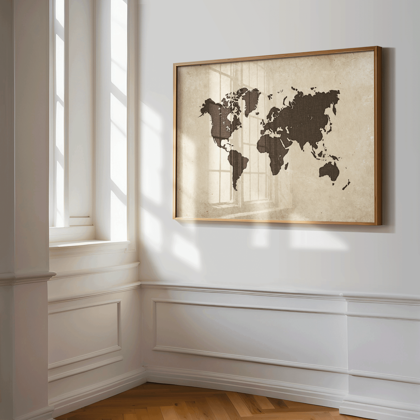 vintage beige and brown travel world map artwork on a wall in a hallway with wooden flooring and large windows.