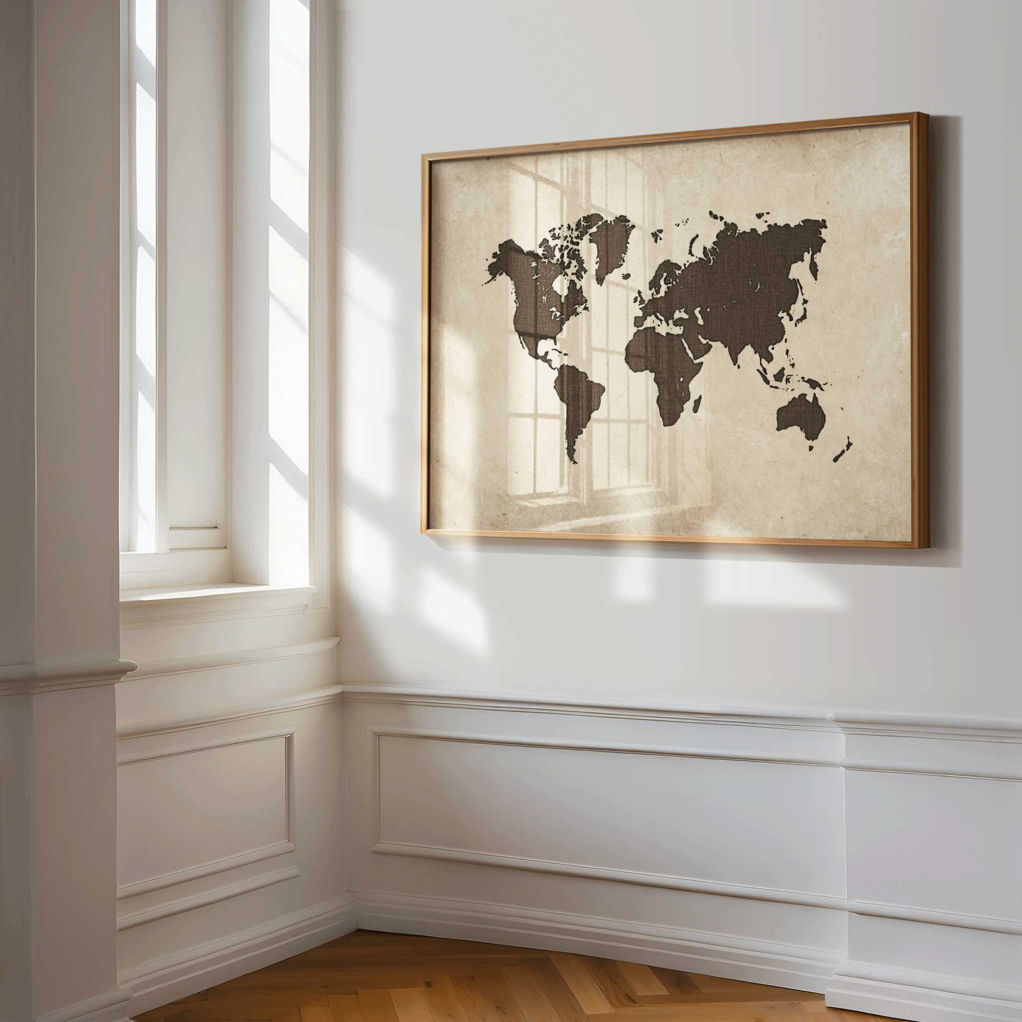 vintage beige and brown travel world map artwork on a wall in a hallway with wooden flooring and large windows.