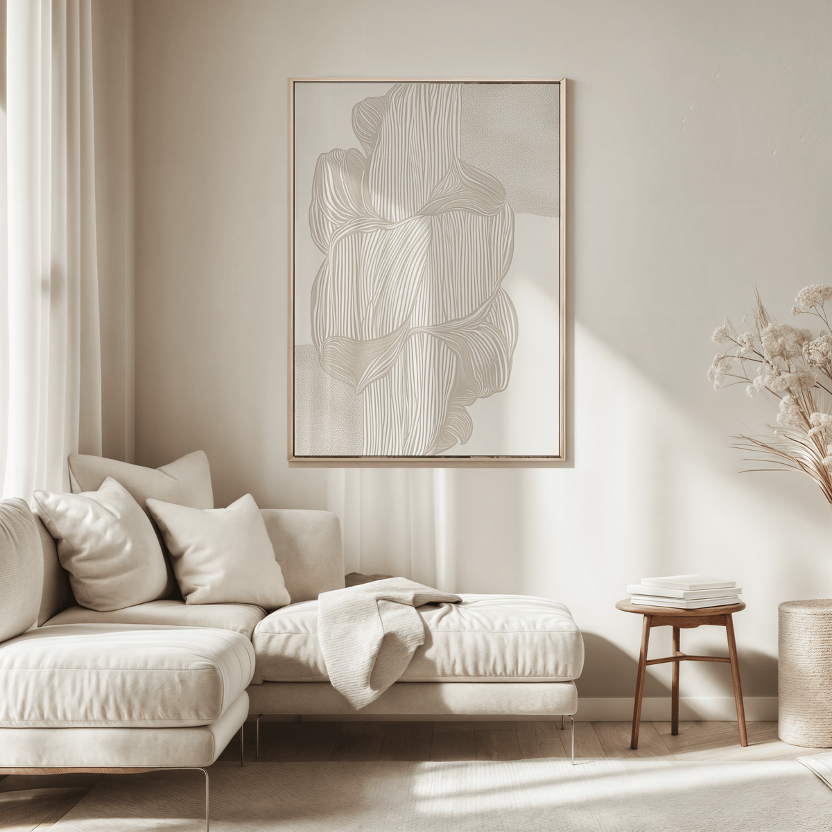 Beige and cream abstract line wall art print with a light wooden frame showing subtle faux textured linear waves in a neutral, minimal living room above a cream sectional sofa.