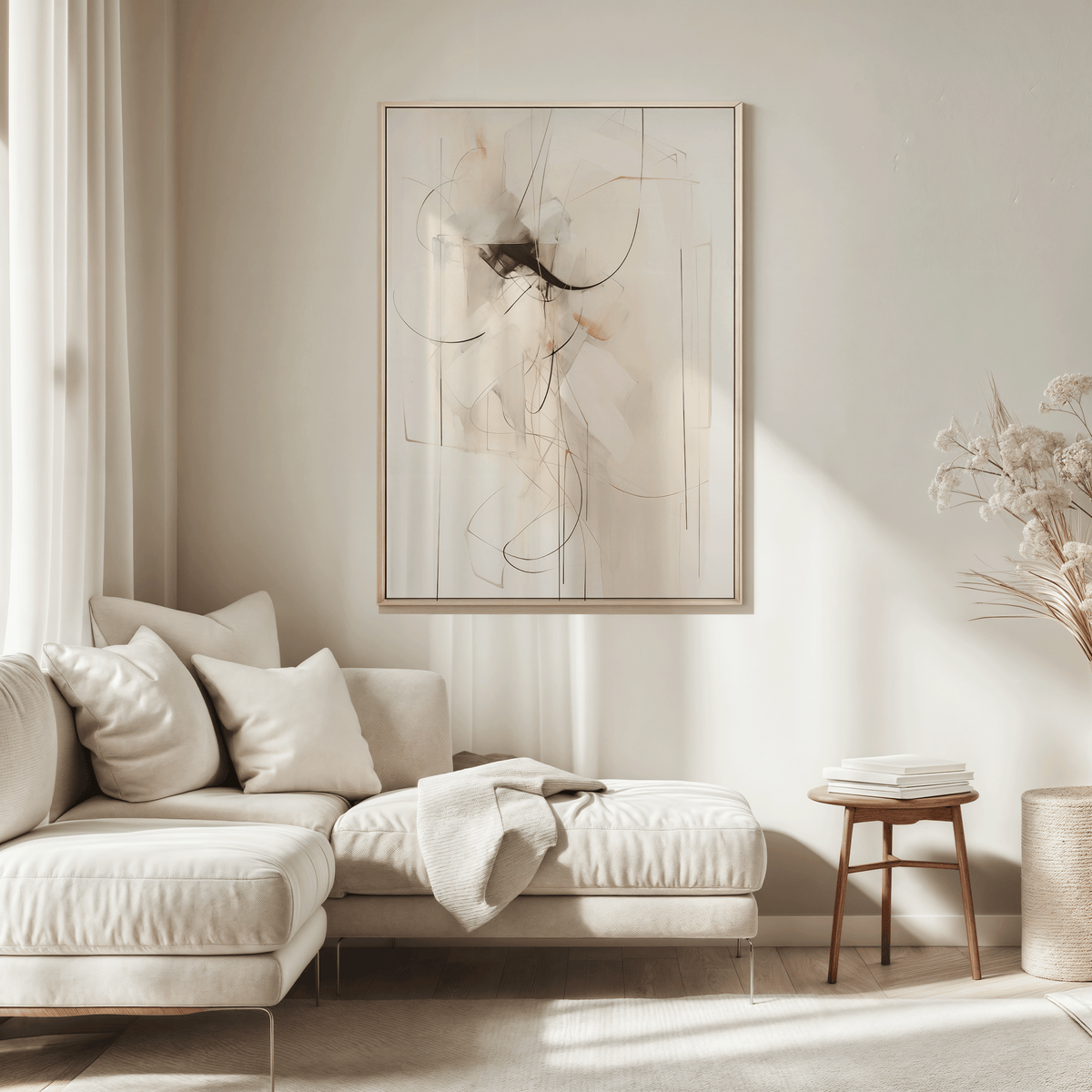 Wall art with beige and cream with black lines as a neutral abstract wall art print above beige sectional sofa in living room