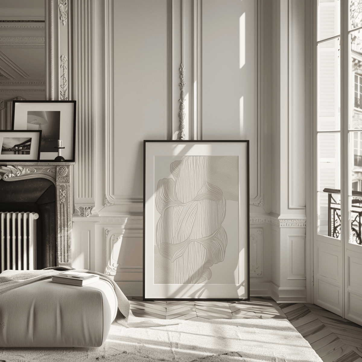 Neutral line art print in beige-cream palette featuring linear abstract forms, modern wall art in a modern living room next to a fireplace.
