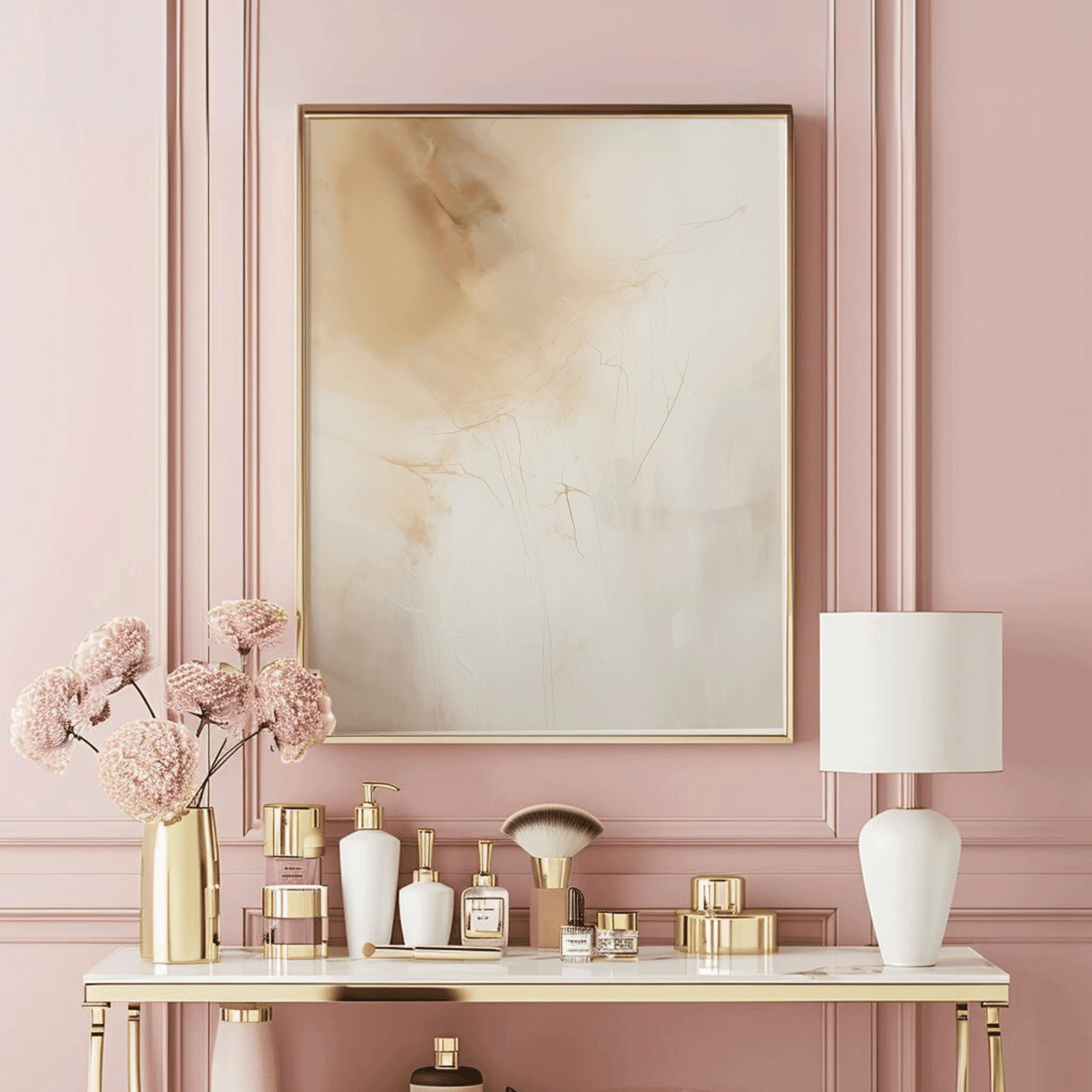 Beige and gold neutral abstract artwork, minimalist wall print over a makeup vanity in a modern bedroom
