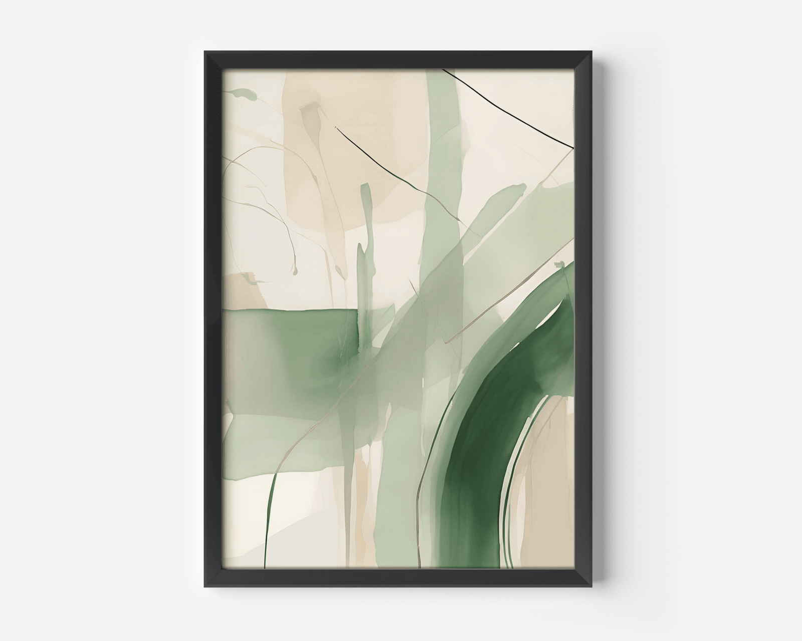 Beige and green abstract wall art with modern watercolor minimalist design and black frame on a white wall.