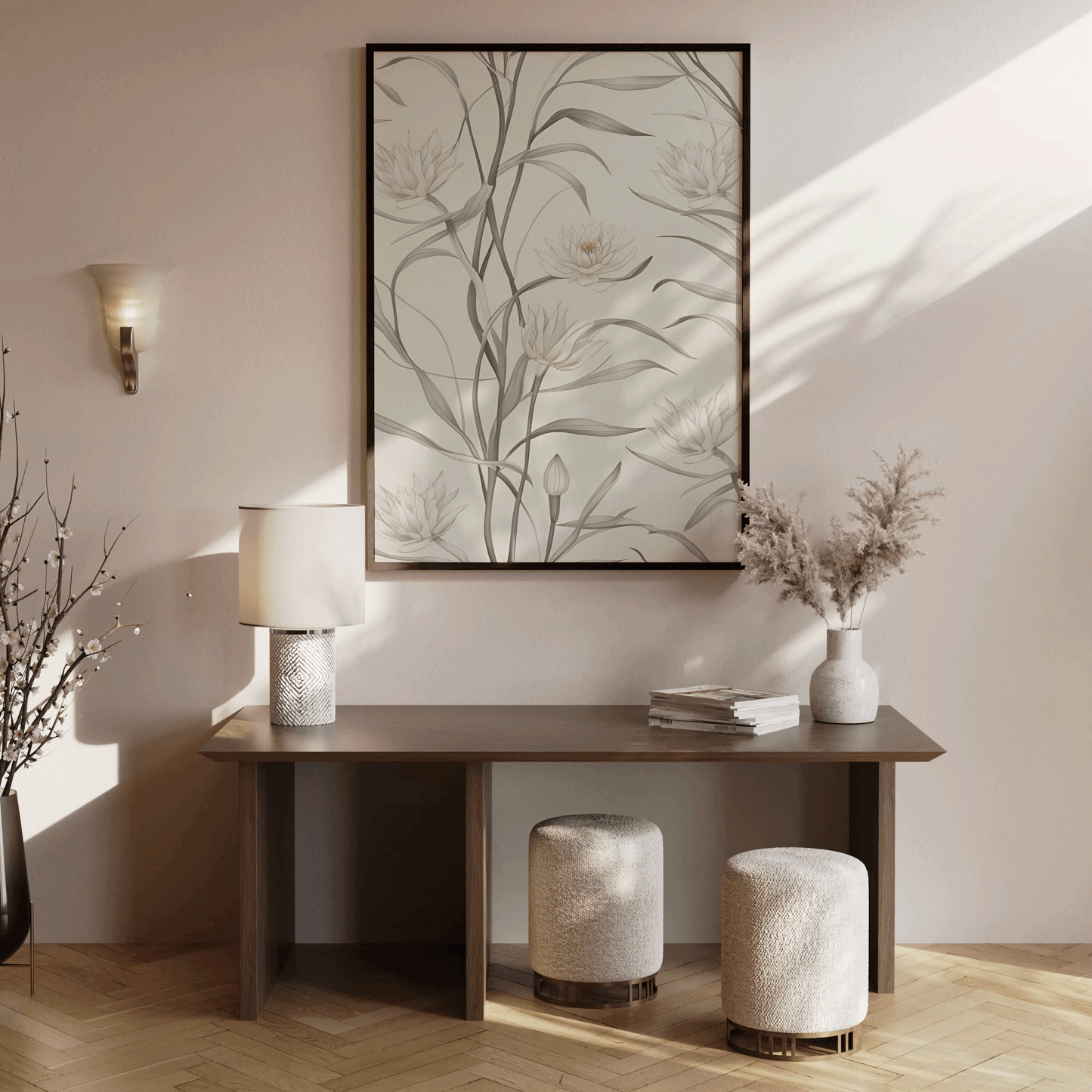 Large framed botanical wall art with sage green leaves and stems, and white flowers above brown wooden entryway table