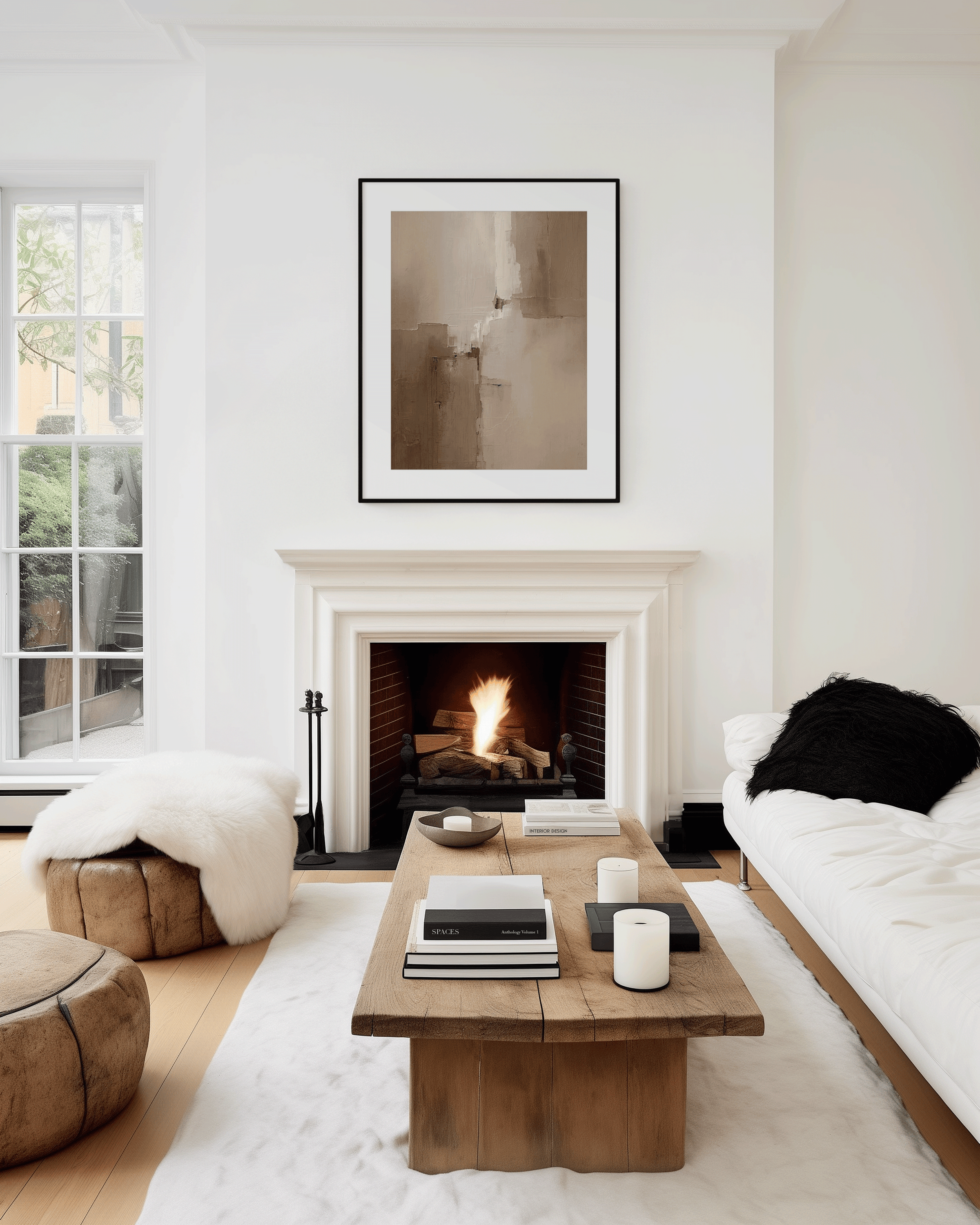 Warm neutral abstract fine art print with mat and black frame styled above a cozy fireplace; soft beige and brown tones for sophisticated living room décor.