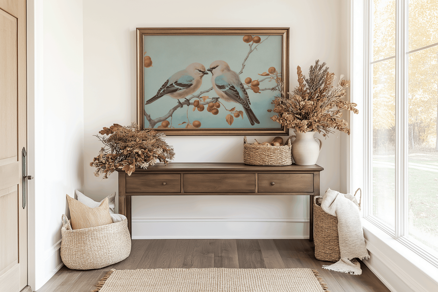 Entryway or hallway with a wooden console table and a framed canvas wall art print of vintage birds on a branch with berries