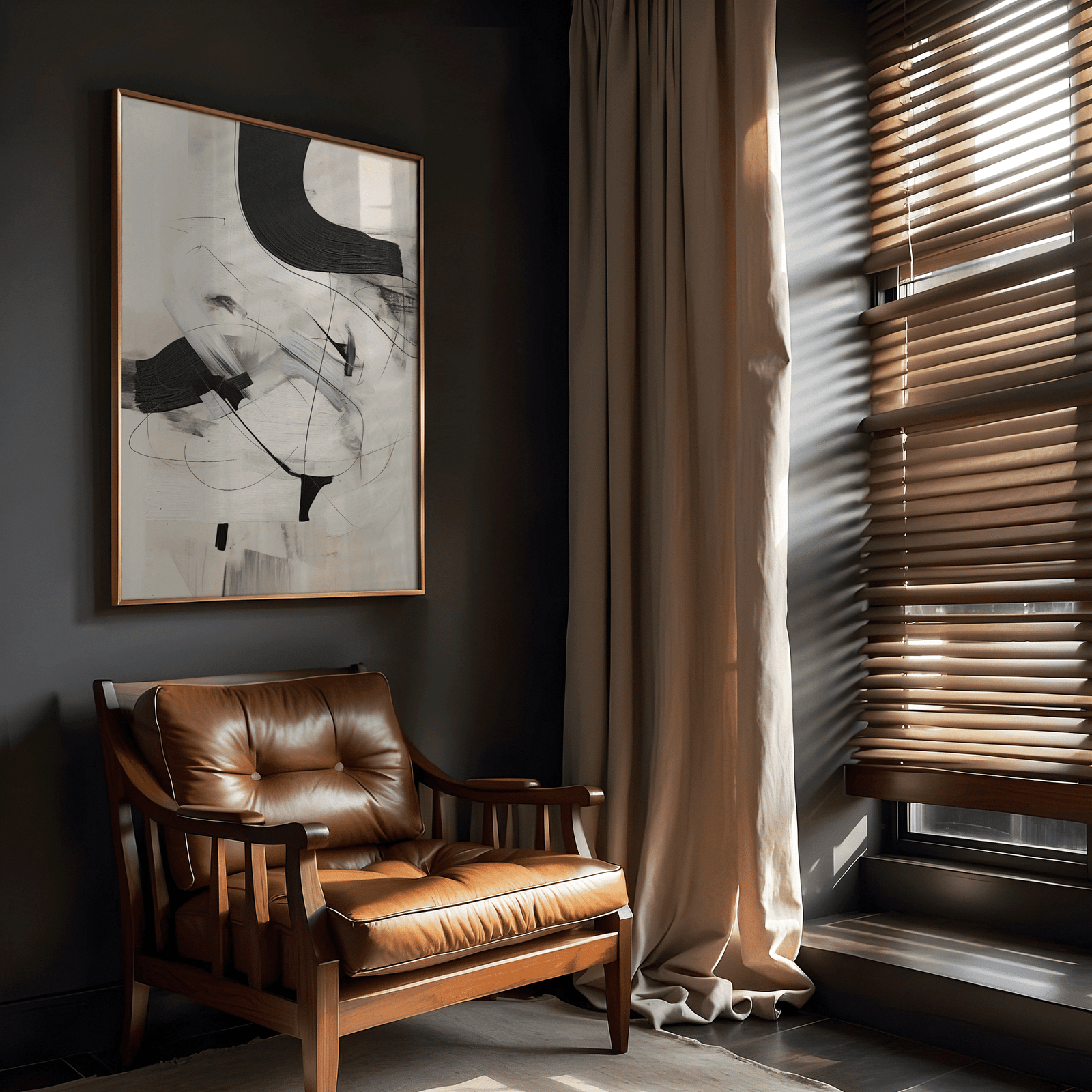 Framed black and beige abstract wall art print on a black wall beside a brown leather tufted chair in a moody study or office.