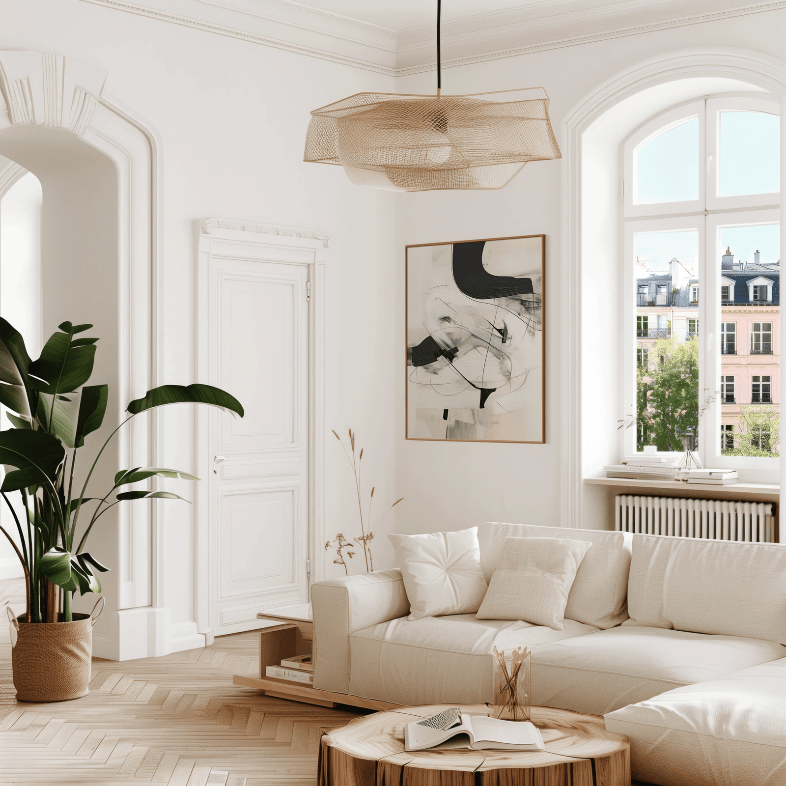 Framed black and beige abstract art with oil like brushstrokes above sofa on warm beige wall with large windows and natural sunlight in a living room.