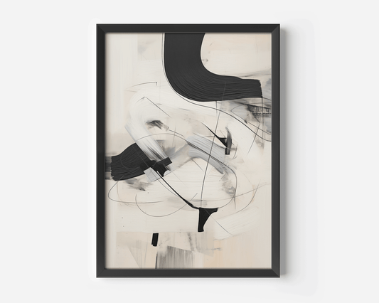 Close-up of a framed black and beige minimalist abstract art print with oil painting like brushstrokes on a neutral background.