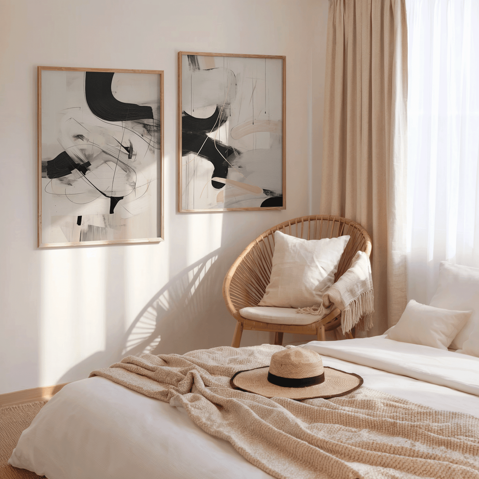 Set of two neutral black, beige and white abstract prints in light wood frames on the wall in a cozy boho bedroom.