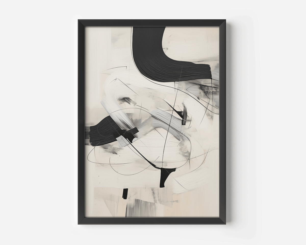 Close-up of a framed black and beige minimalist abstract art print with oil painting like brushstrokes on a neutral background.