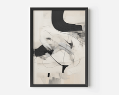 Close-up of a framed black and beige minimalist abstract art print with oil painting like brushstrokes on a neutral background.