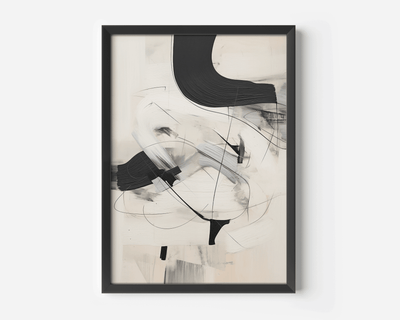 Close-up of a framed black and beige minimalist abstract art print with oil painting like brushstrokes on a neutral background.
