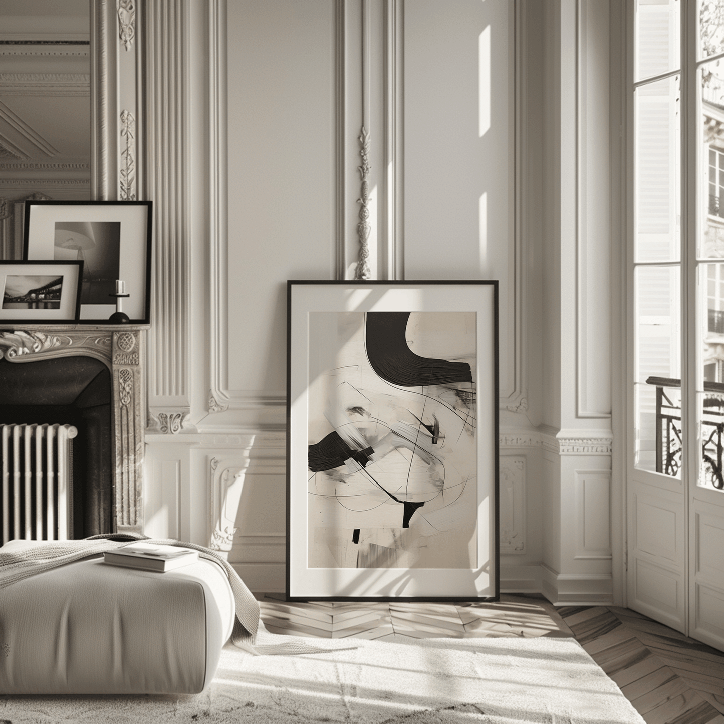 Portrait framed black and beige minimalist abstract art wall art print on ivory background in a modern living room next to a fireplace.