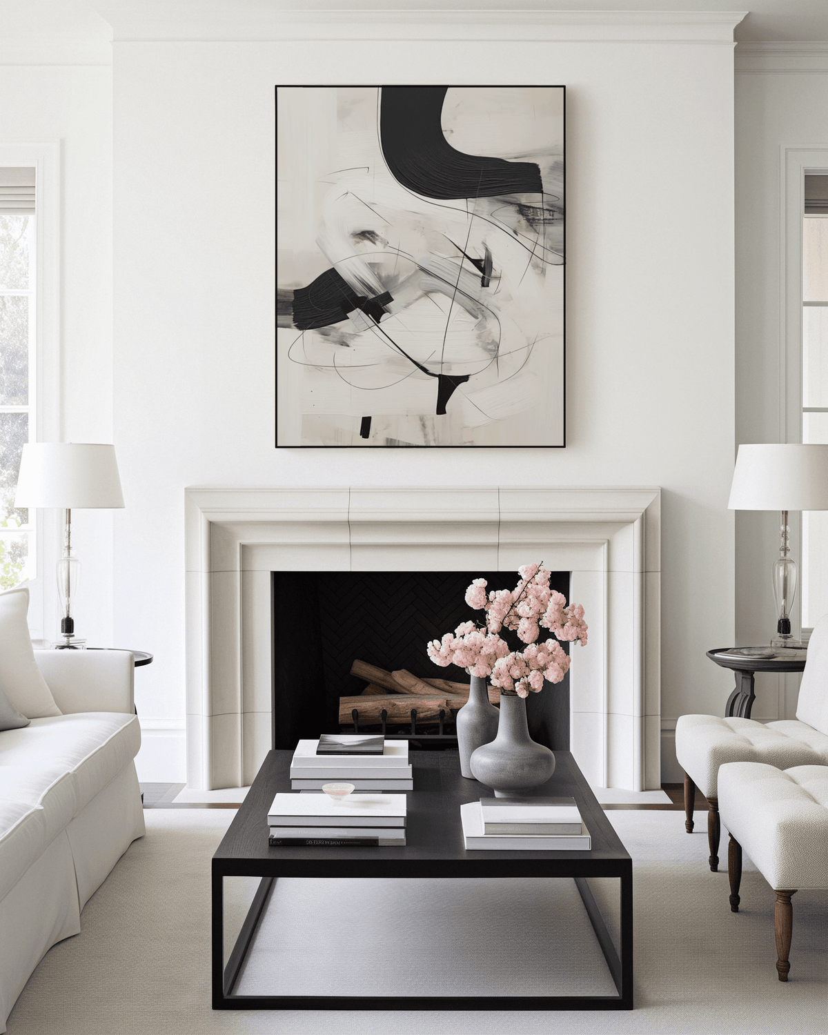 Large black and beige abstract brushstroke wall art framed above a white fireplace