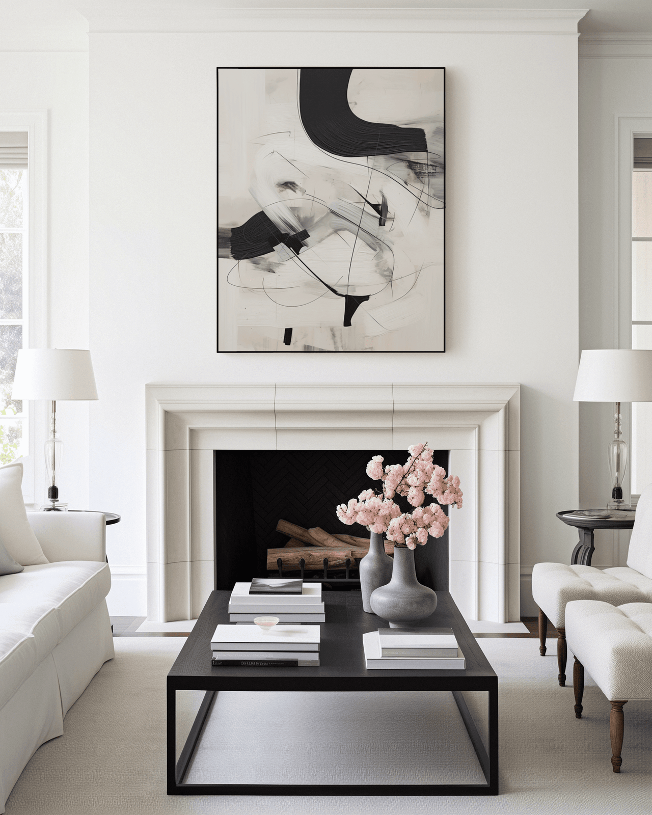 Large black, white and beige framed abstract wall art with oil painting like brushstrokes, placed over a white fireplace in a modern living room.