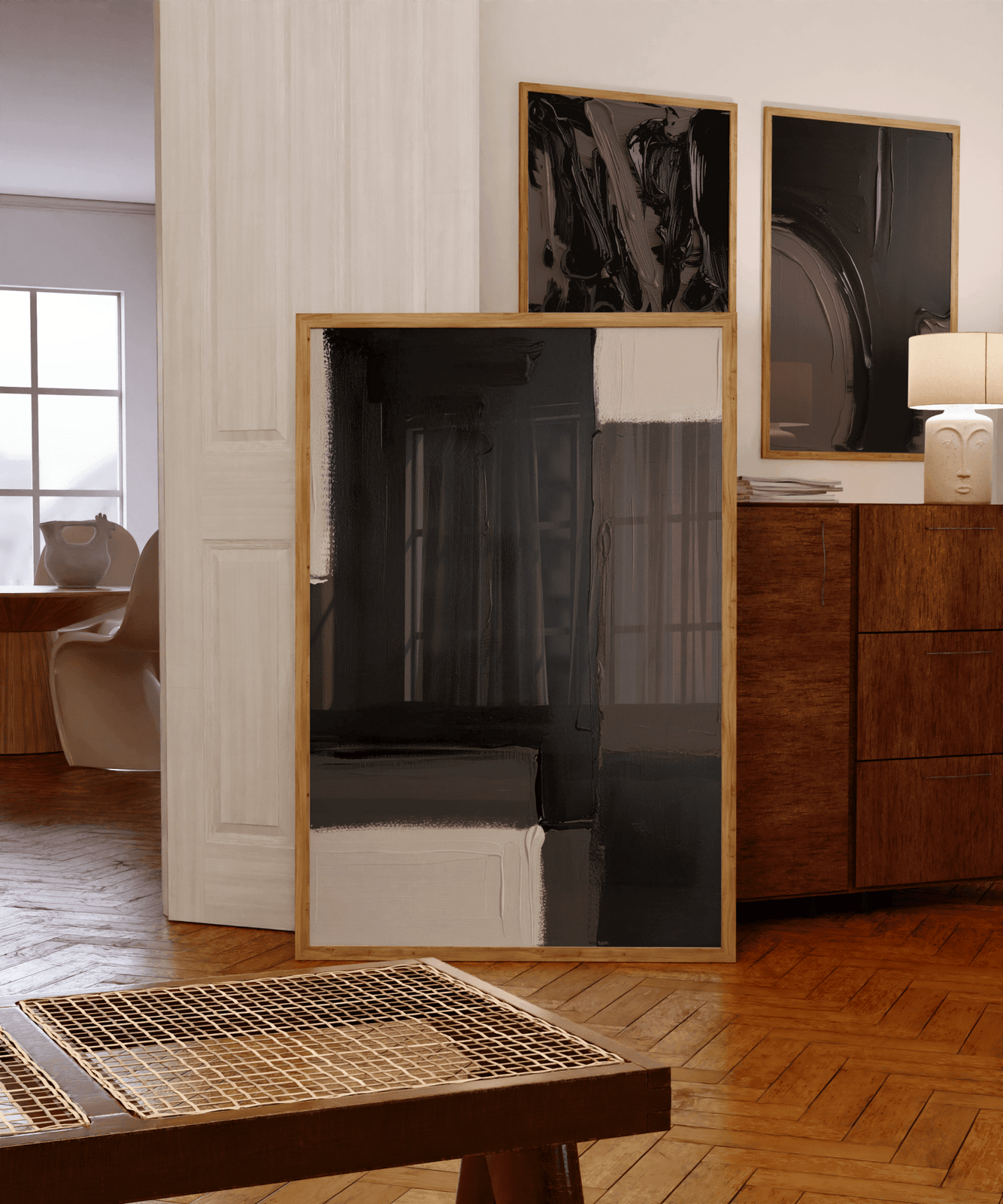 Premium framed print featuring rich neutral tones, including black, beige, brown brushstrokes with an oil painting detail