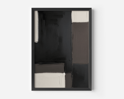 Black and Brown Abstract Black-framed Wall Art with overlapping blocks in charcoal, brown, and cream tones. 