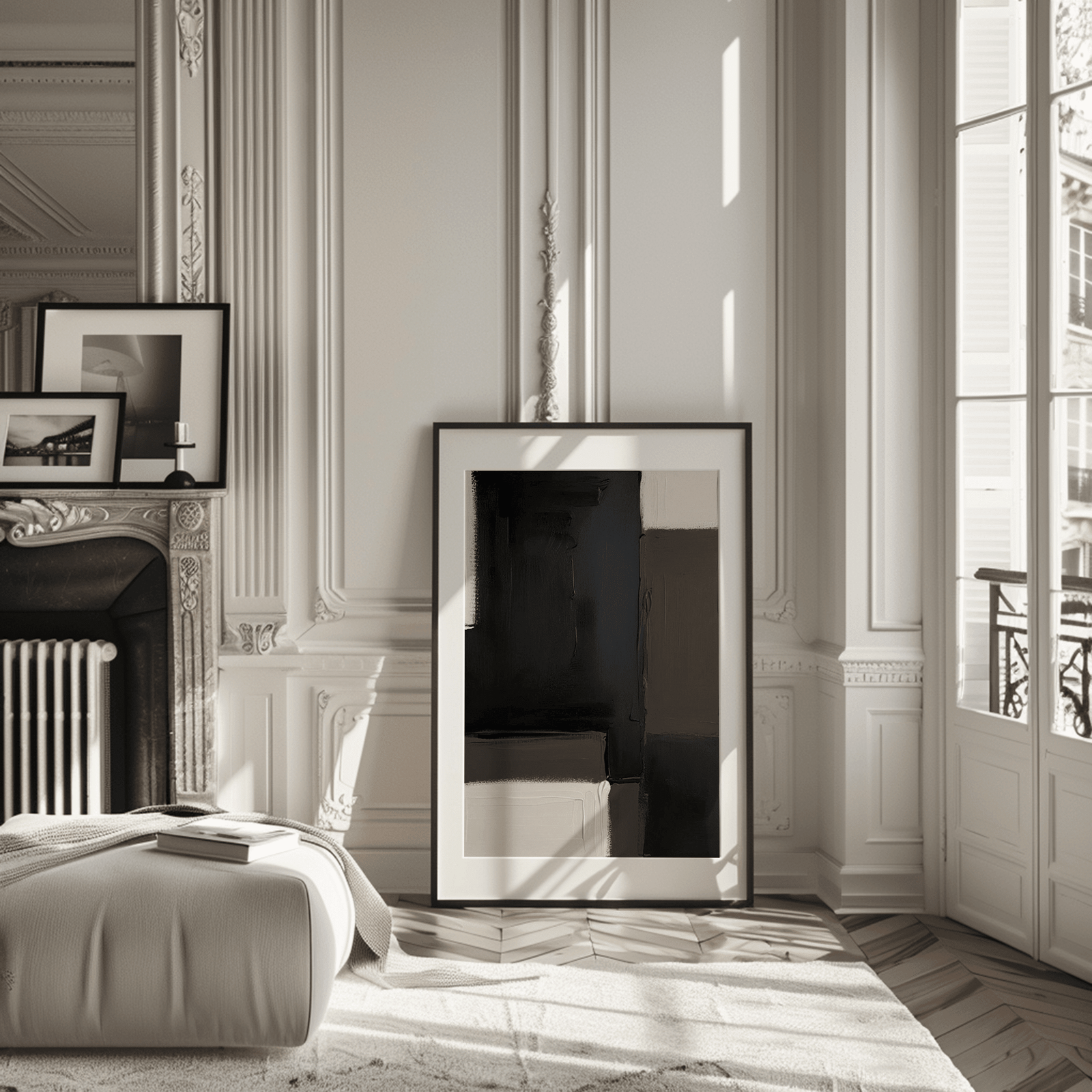 black brown and greige abstract wall art with a black frame in a Parisian-style room with tall windows, marble fireplace, and soft lighting, perfect for modern decor. 