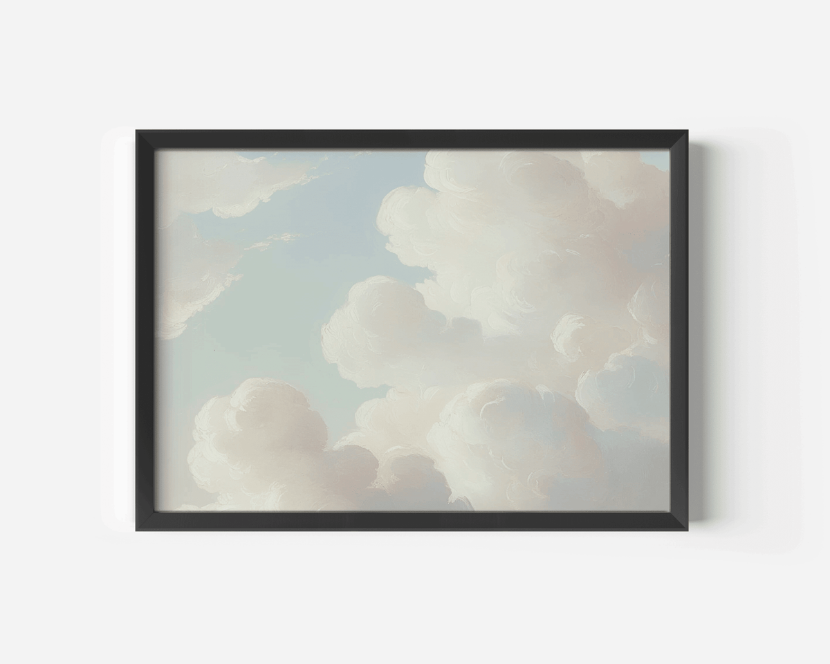 Framed cloud canvas print on white wall with black frame