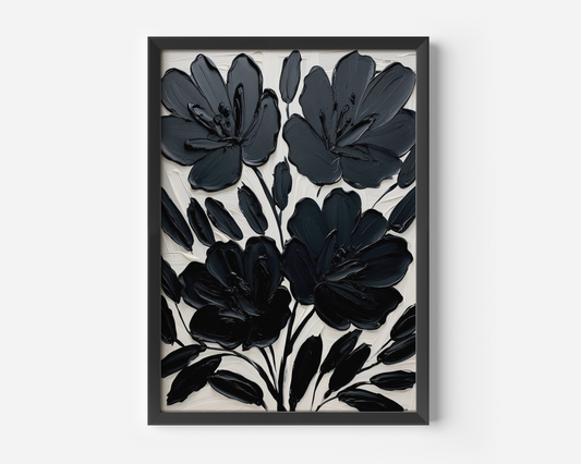 A framed canvas wall art print featuring a black and white floral design with large flowers against a beige background.