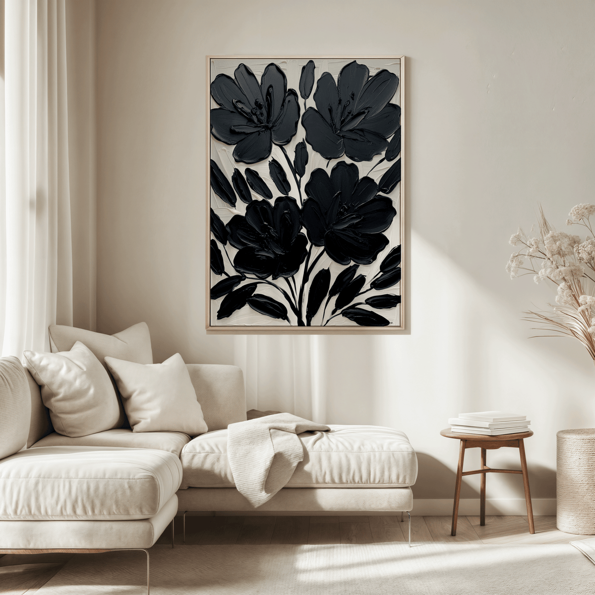 Black floral wall art framed canvas print above beige sectional sofa in bright neutral living room interior