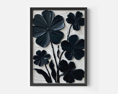Black frame wall art with black floral impasto oil painting design on a white background