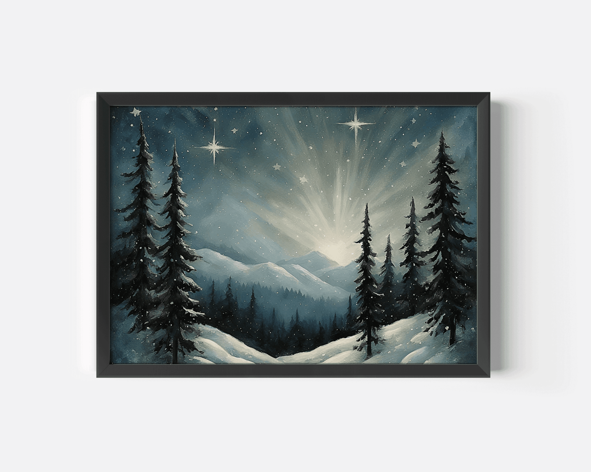 Framed starry winter night print of a snowy mountain landscape with pine trees and glowing starlight